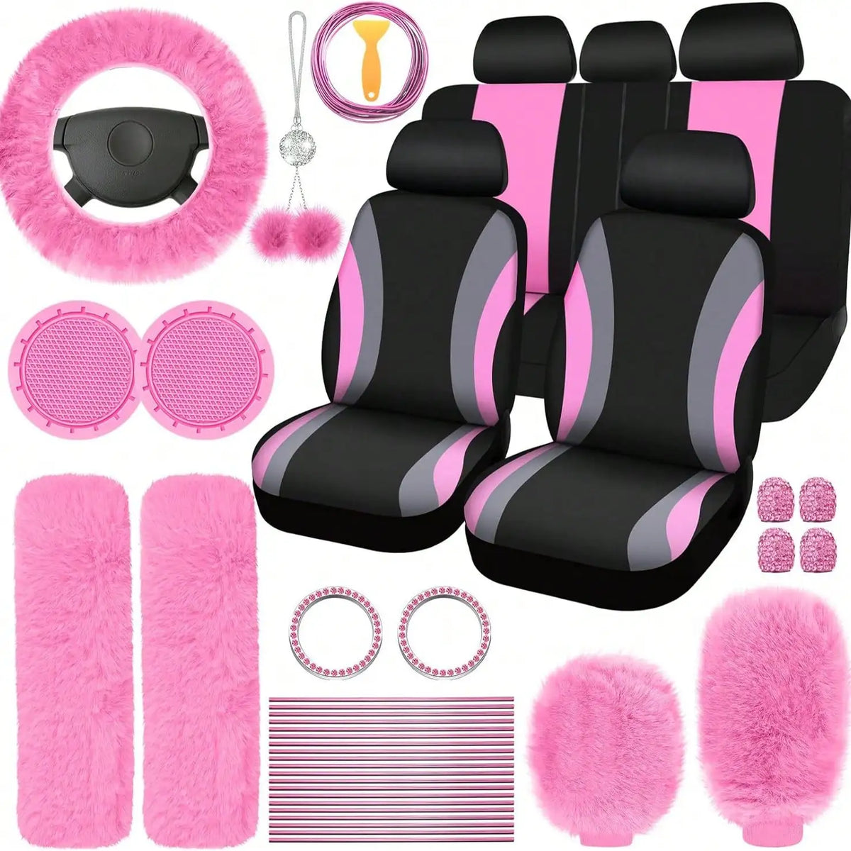 35-Piece Luxury Car Seat Cover Set - Soft Fluffy Steering Wheel Cover, Universal Safety Belt Protectors, Gear Shift Cover, Fashionable Interior Accessories For Women - Premium Polyester Fiber, Easy To Install, Stylish, And Pr