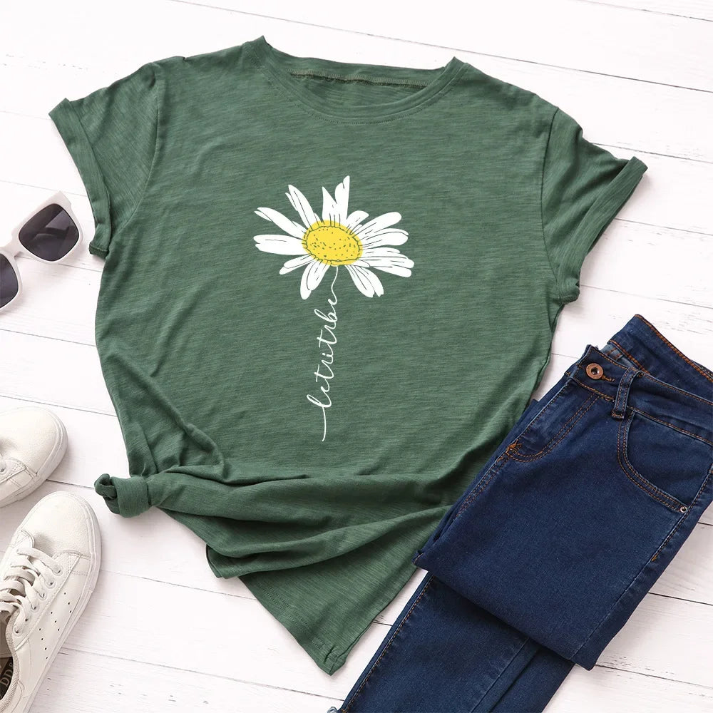 100% Cotton Women T-Shirt 2026 Summer Tshirt Creative Daisies Printed Woman Short Sleeve Tee Tops Female T Shirt