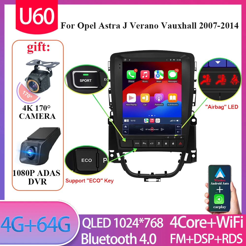 9.7" Android Car Stereo for Opel Astra J & Verano, Vauxhall (2007–2014) — CarPlay, GPS, 4G, Bluetooth