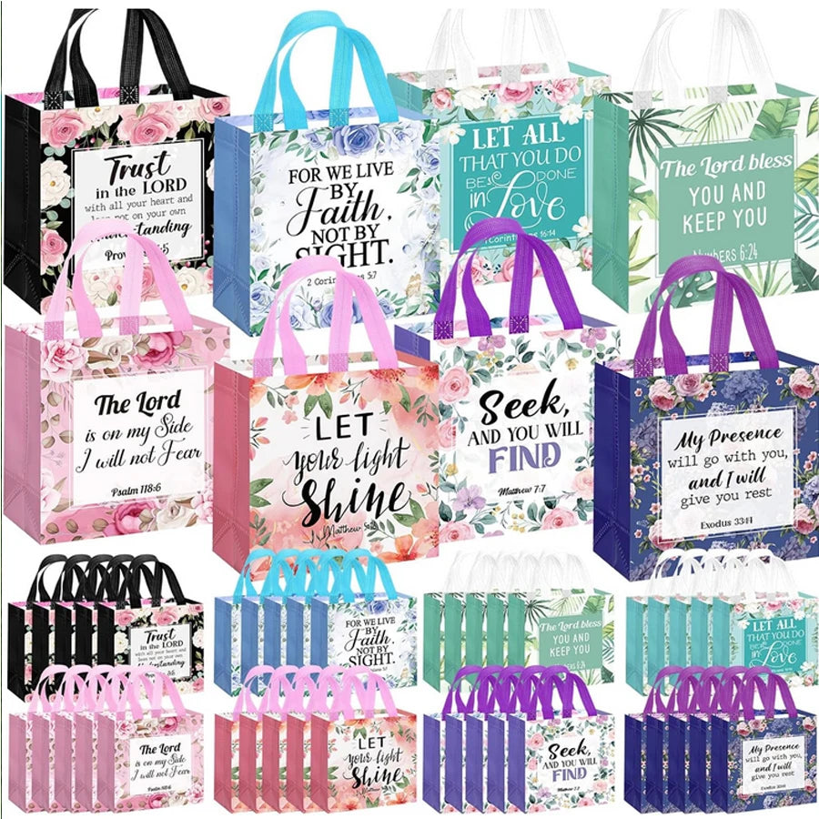 32 Pcs Bible Verse Flower Gift Bag with Handles Religious Reusable Gift Bags Bulk Christian Baptism Tote Bags Non Woven Gift Bag