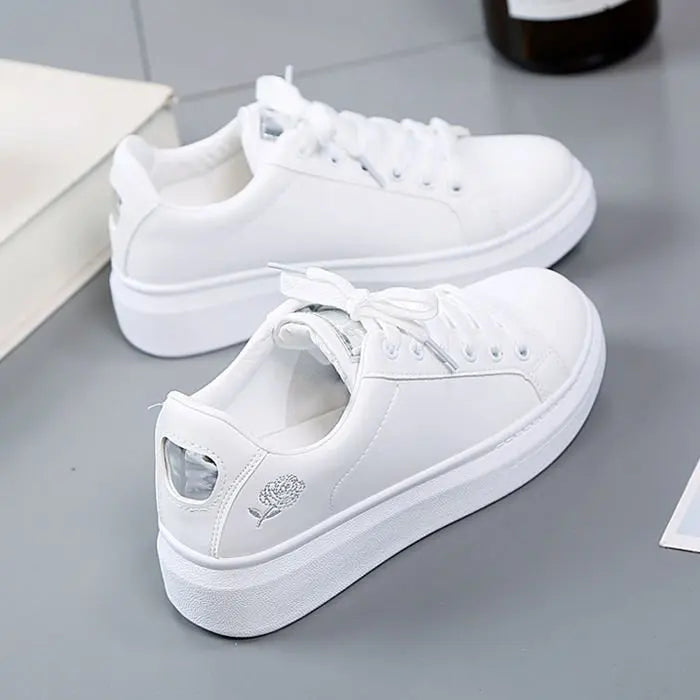 Embroidered Floral Sneakers for Women — Breathable Lace-Up White Tennis Shoes