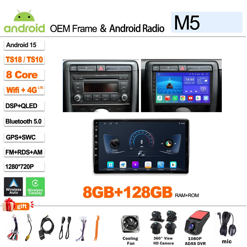 Android Car Stereo for Audi A4 B6 B7, S4, RS4 & Seat Exeo (2002–2009) — CarPlay, Bluetooth, 2-DIN