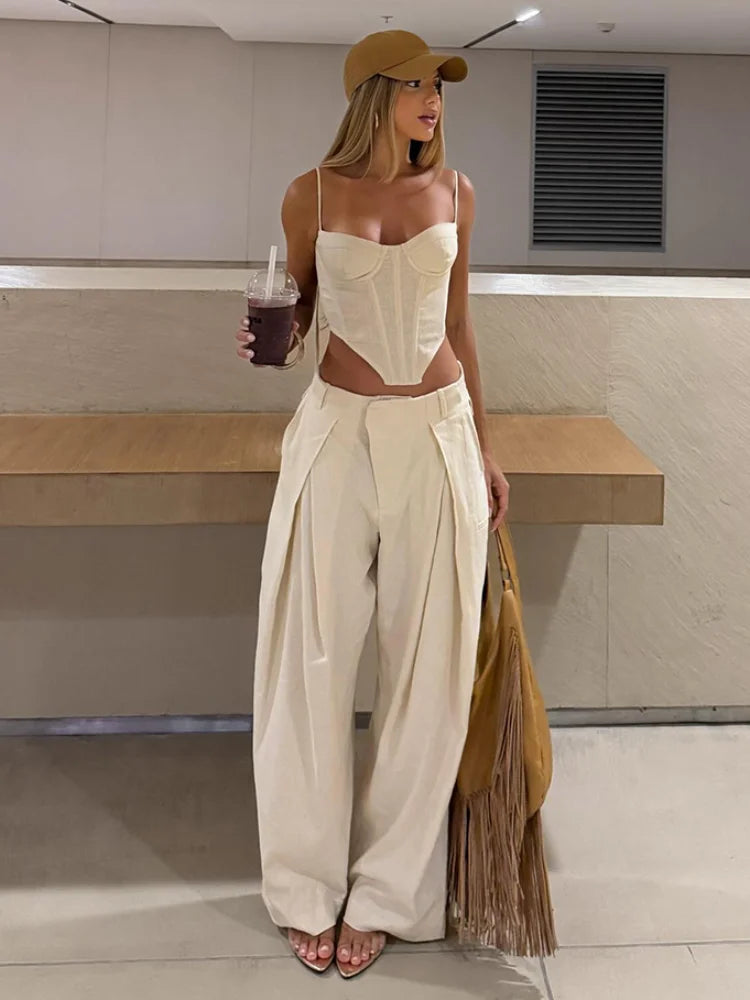 Boho Side-Cutout Cami & Wide-Leg Pants Set for Women