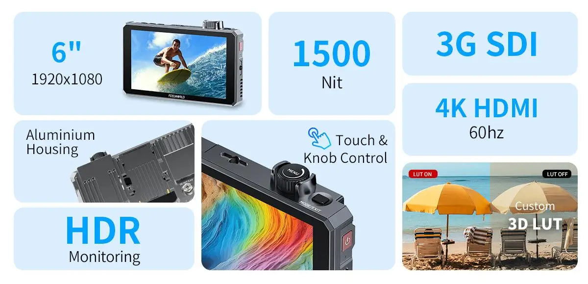 FEELWORLD SC6 6-inch Photography Video Monitor 1500NIT High Brightness 3G SDI HDMI 4K60Hz 1920X1080 IPS Screen Aluminum Shell