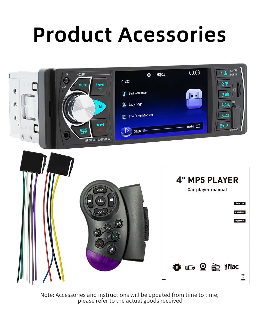 BQCC 4" 1-DIN Car MP5 Player — Bluetooth, USB/TF, FM Radio, Reverse-Camera Input, 7 Colour Lights
