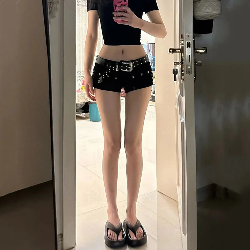 Women's Low-Waist Denim Shorts — Y2K Slim-Fit Black Jean Hot Pants