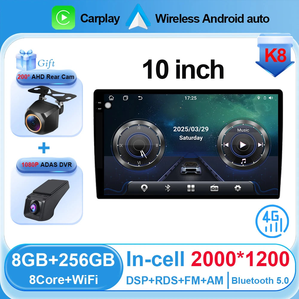Universal 2-DIN Android Car Stereo (9"/10") — CarPlay, Android Auto, GPS, QLED Screen, Bluetooth