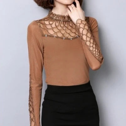 Women's Hollow Out Lace Patchwork Blouse - Long Sleeve Slim Top - photo 2