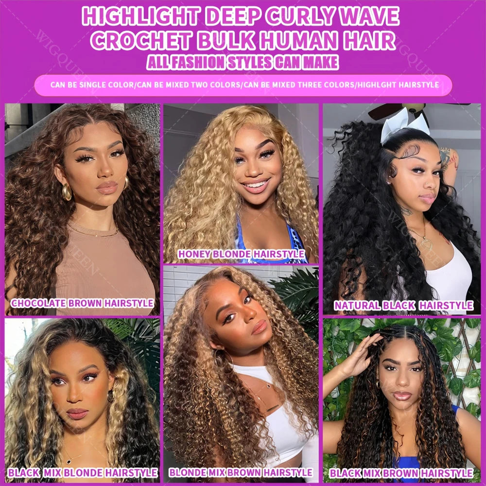 12A Deep Wave Crochet Hair Honey Blonde Highlight Ocean Wave Crochet Bulk Human Hair Extensions Curly Crochet Hair With String