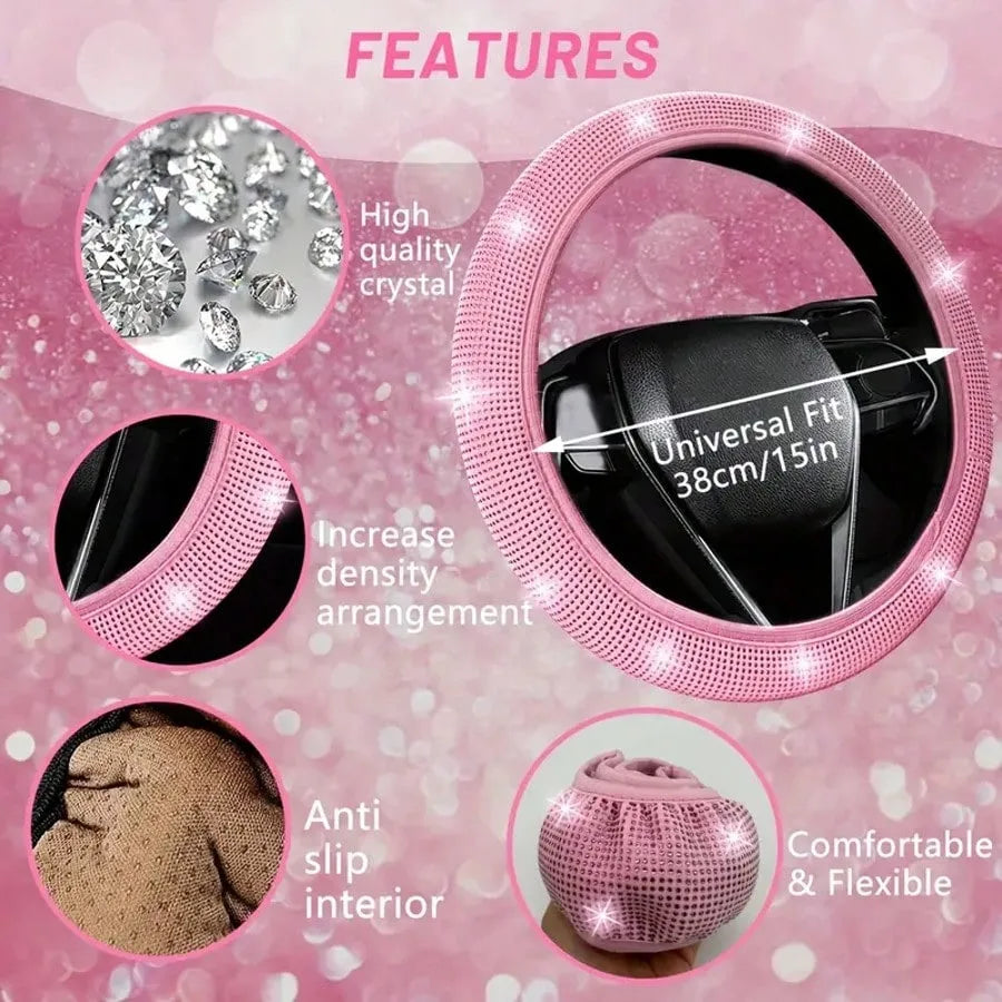 Artificial Diamond Car Steering Wheel Decoration Set Pink Artificial Diamond Steering Wheel Protective Cover, New Fashion Cute Goddess Steering Wheel Cover Set,Car Acessesories Women