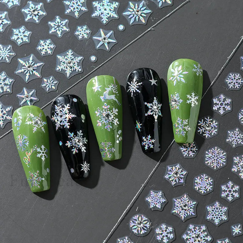 2pcs White Snowflake Nail Stickers With Sparkling Crystal Rhinestones Winter Christmas Design Self-Adhesive Sliders Decals Festi