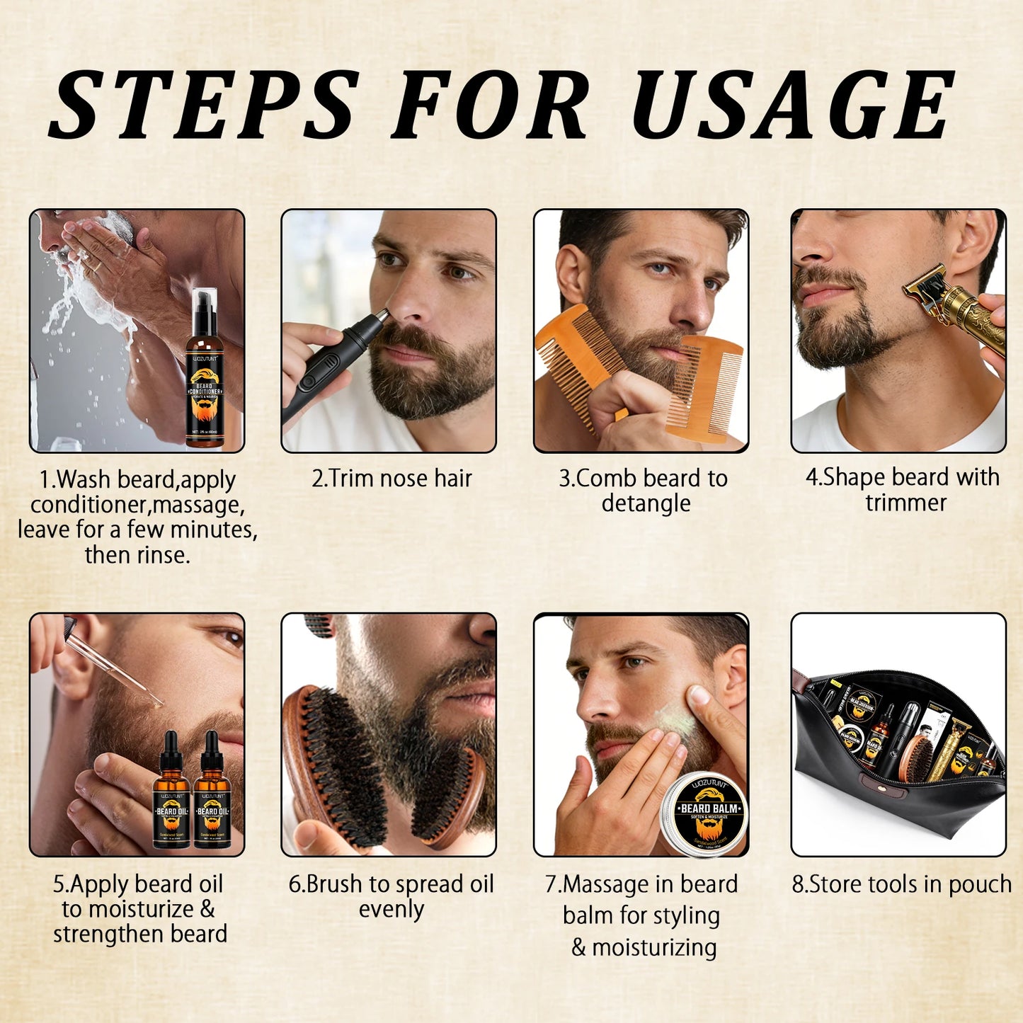 Men's Beard Grooming Kit — T9 Trimmer, Oil, Balm, Brush & Comb