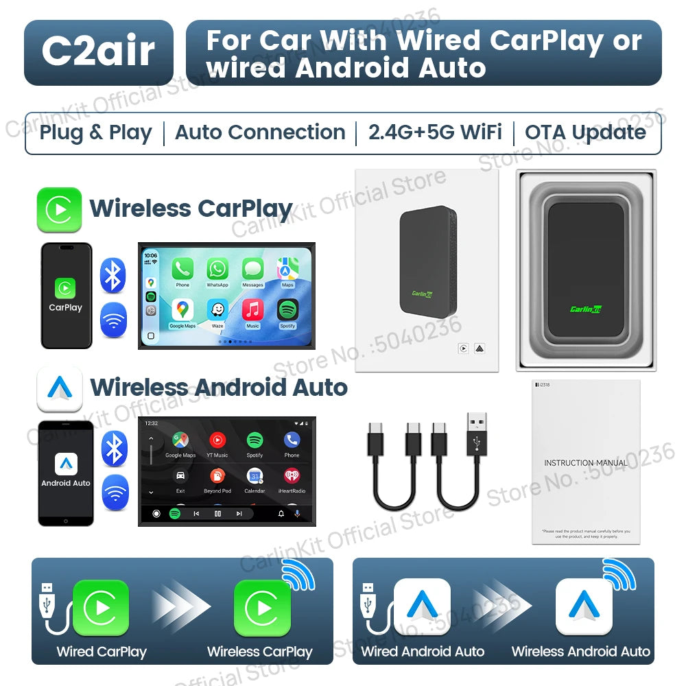 CarlinKit 5.0 C2Air Wireless Adapter Wireless CarPlay Android Auto Plug &Play 2.4Ghz&5.8Ghz WiFi BT Auto Connection For OEM Cars