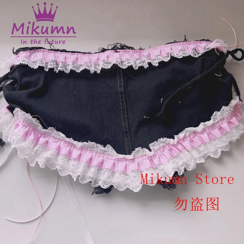 Mikumn Harajuku Y2k Women Sexy Lace Shorts Punk Girls Sweet Bow Angel Wing Bone Lace-up Low Waist Denim Shorts Jeans Streetwear
