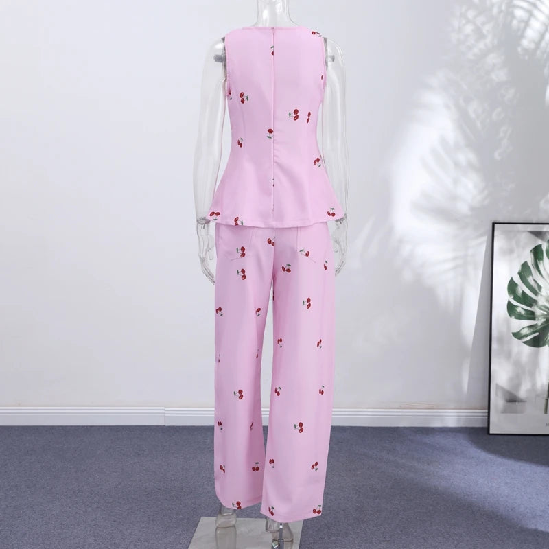 Printed Ruffle-Hem Top & Curved Pants Set — Women's 2-Piece