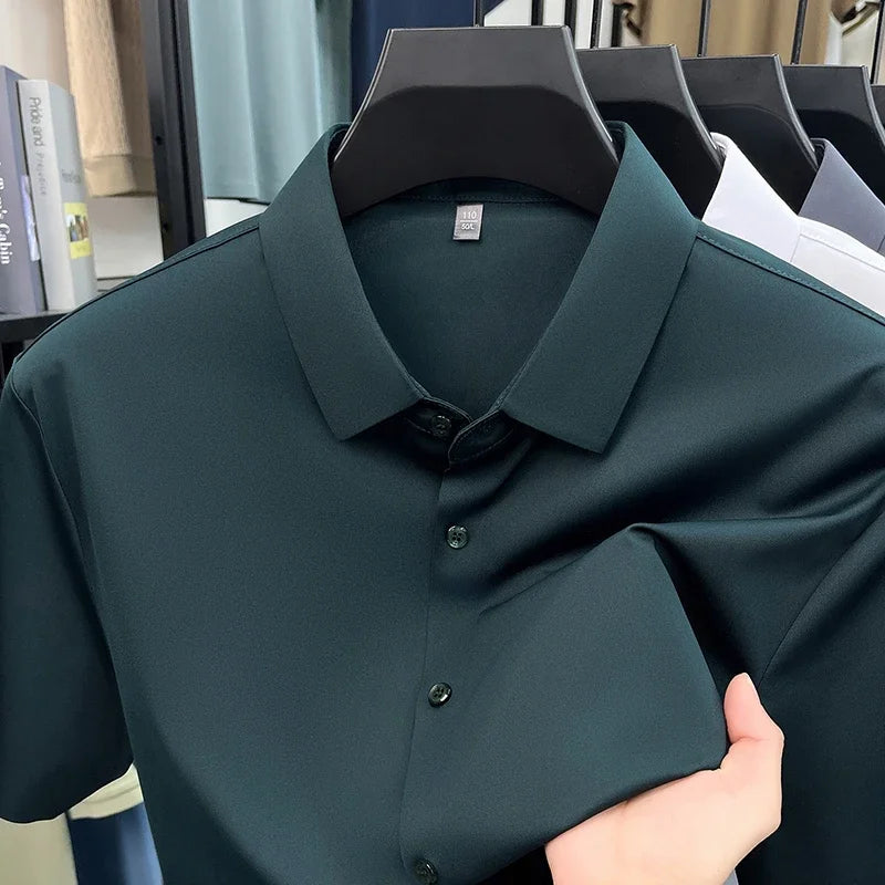 Men's Ice-Silk Dress Shirt - Short Sleeve, Wrinkle-Free Commute