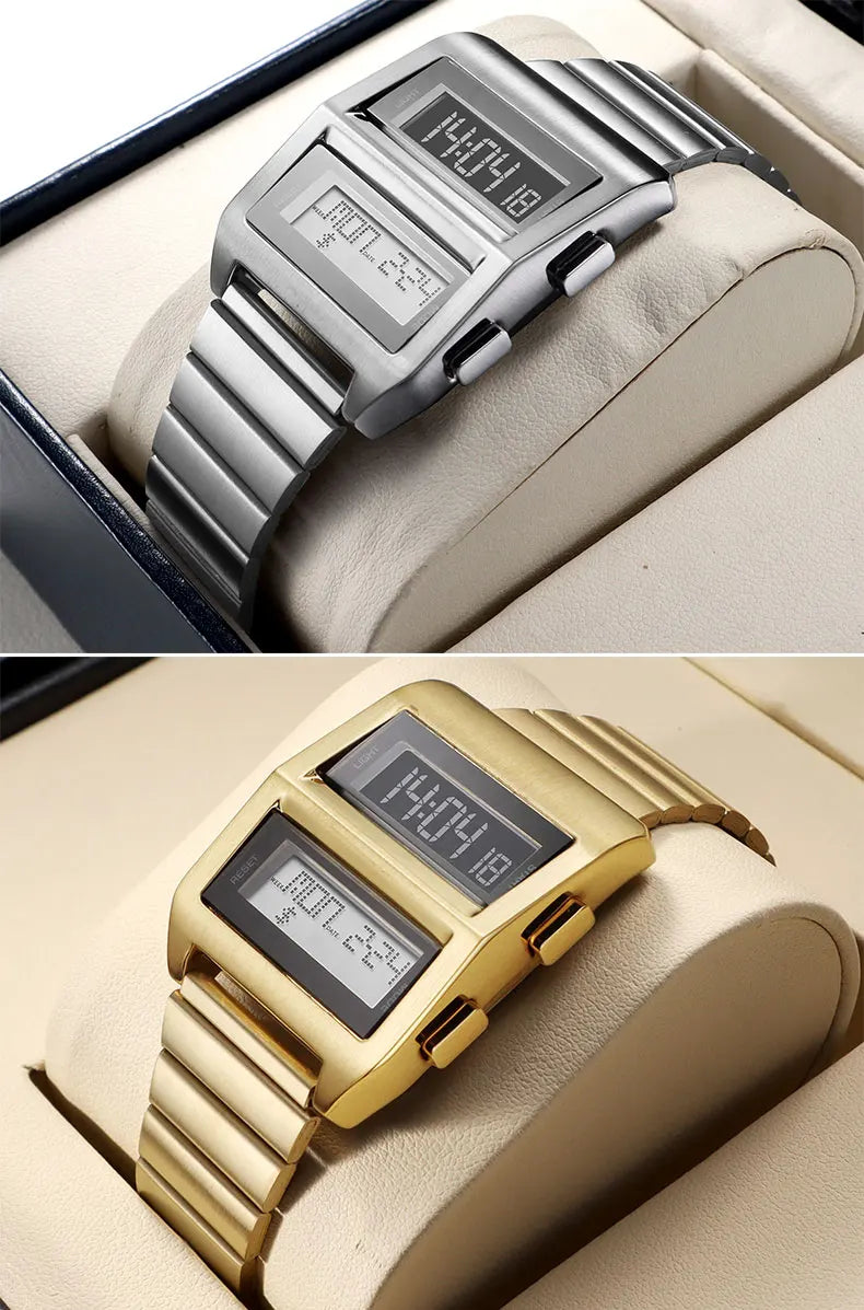 MEGIR Retro Cyberpunk Driver Electronic Watch for Men Sports Wristwatch with Electronic Movement Stainless Steel Strap 0324