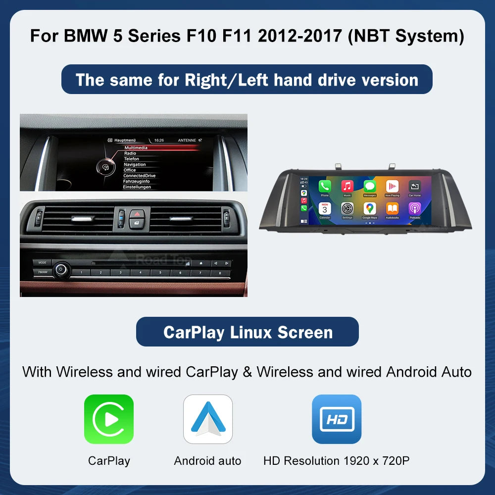 12.3" Wireless CarPlay & Android Auto Display for BMW 5 Series F10/F11 (2012–2016) NBT — 1920×720 Touchscreen