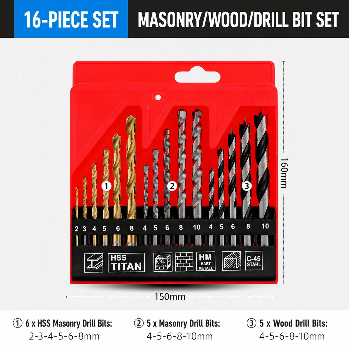 Twist Drill Bit Set for Metal, Wood, Masonry & Concrete