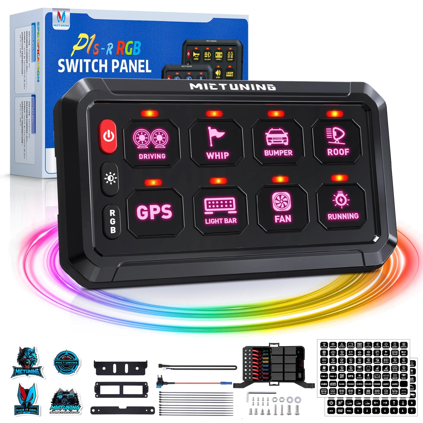 MICTUNING P1S-R 6/8 Gang Switch Panel RGB Colors Adjustable Brightness Switch Momentary Circuit Control Relay System Box For SUV