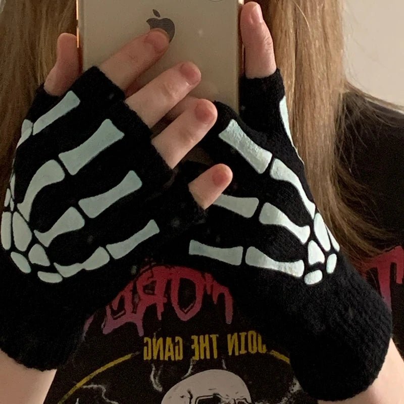 Glow in the Dark Skeleton Fingerless Gloves