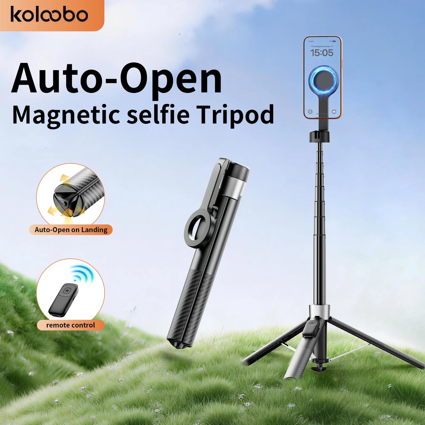 Double-side Magnetic Phone Selfie Stick with Remote Auto-Open 1.8m Extendable Tripod for iPhone 17 16 15 Pro Live Streaming Vlog