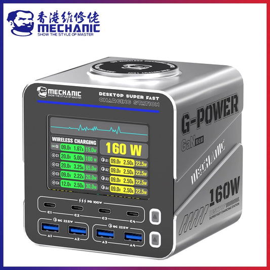 MECHANIC G-POWER Series 115W/160W Desktop Super Fast Charging Station Type-C USB Port 15W PD QC3.0 GaN Wireless Charging Support