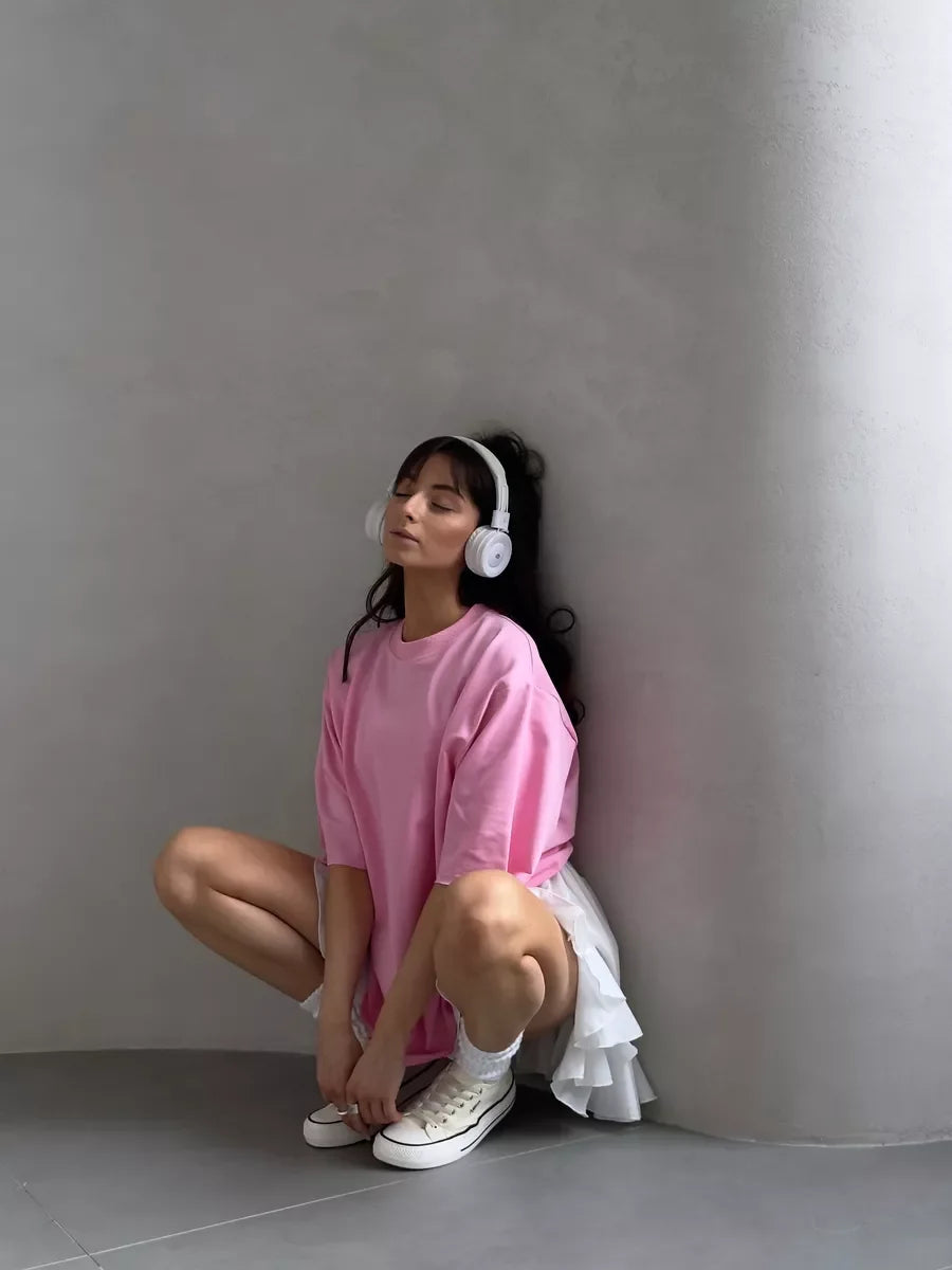 Hirsionsan Summer Casual Oversized T-shirts Women 100% Cotton Pink Loose Tees 2026 New Cusual Solid O Neck Female Aesthetic Tops