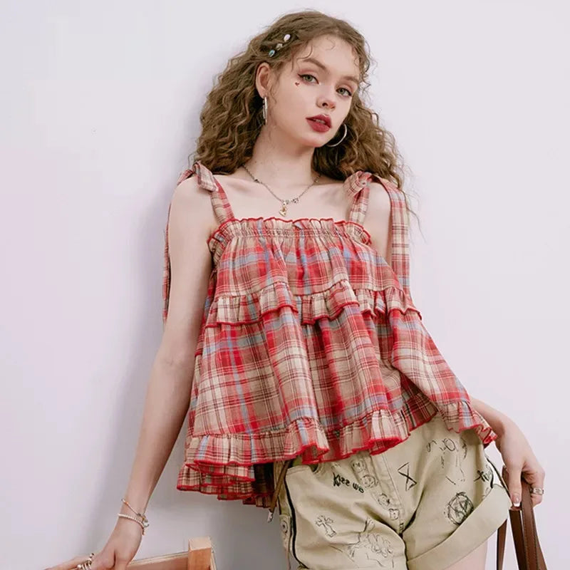 Women's Y2K Vintage Plaid Lace-Up Strap Sleeveless Crop Tank Top – Acubi Japan Green Streetwear