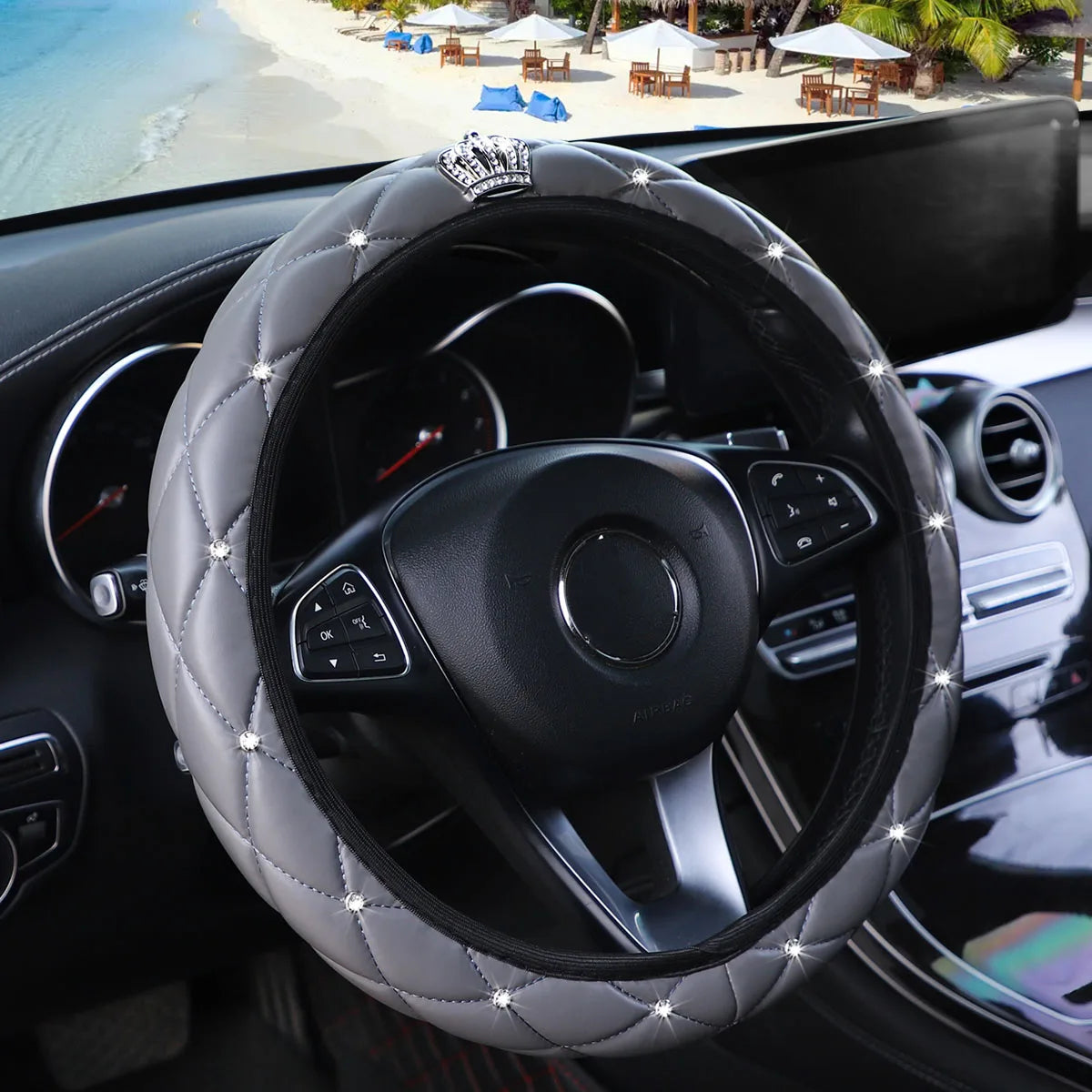 Soft leather diamond-studded crown Blingbling car without inner ring steering wheel cover suitable for 14.5 - 15 inch car access