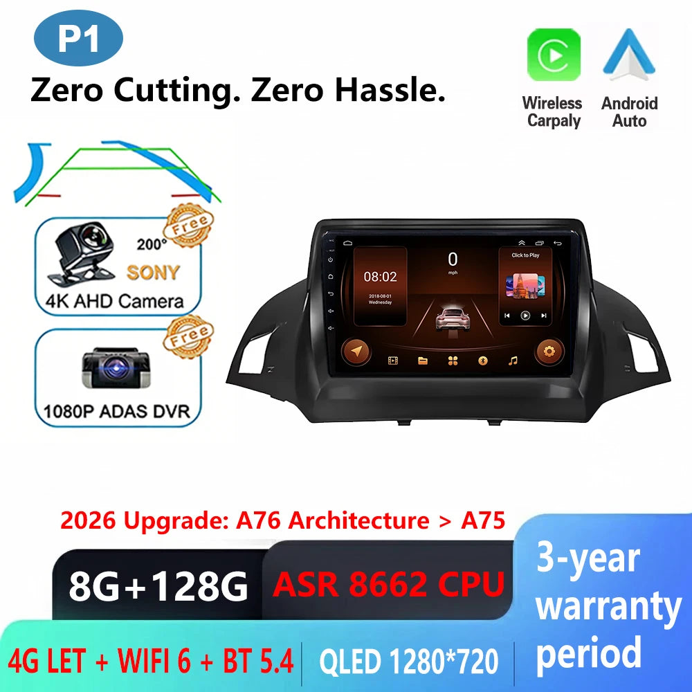 Android Car Stereo for Ford C-MAX, Kuga 2 & Escape 3 (2012–2019) — Wireless CarPlay, Android Auto, GPS, WiFi