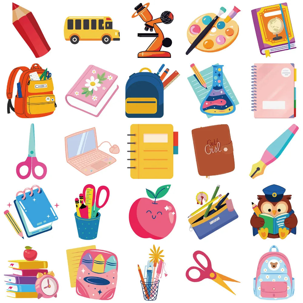 50PCS Creative Back to School Stickers Decorative Phone Cases Notebook Water Cups DIY Personalized Waterproof Stickers