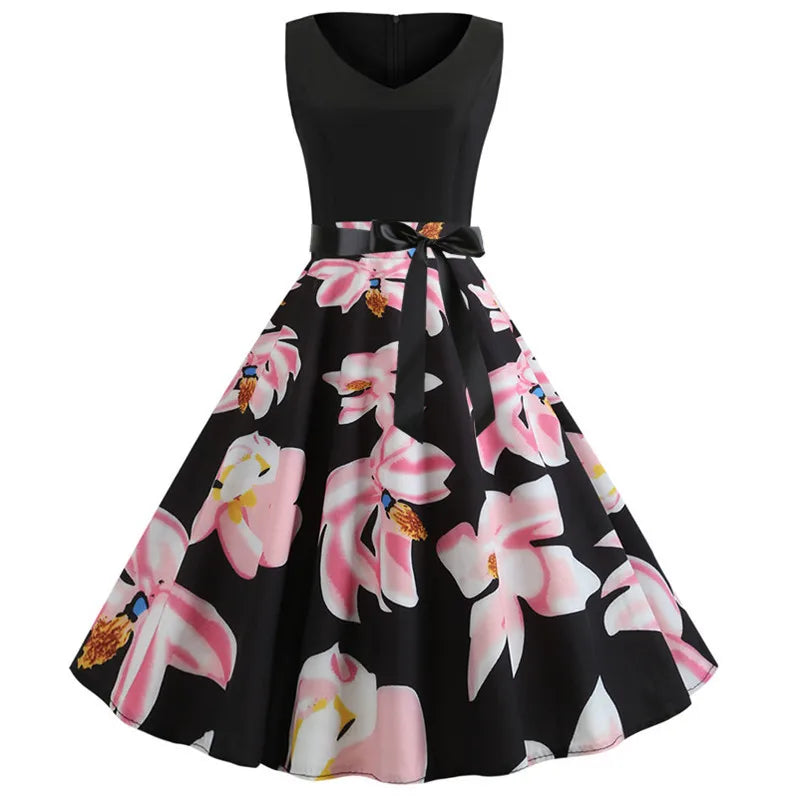 Women Summer Dress Casual Floral Print Retro Vintage Dresses Sleeveless High Waist Elegant Office Ladies Party Sundress