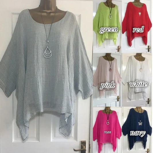 Women's Plus-Size Linen T-Shirt — Loose Batwing Long-Sleeve Top (to 5XL)