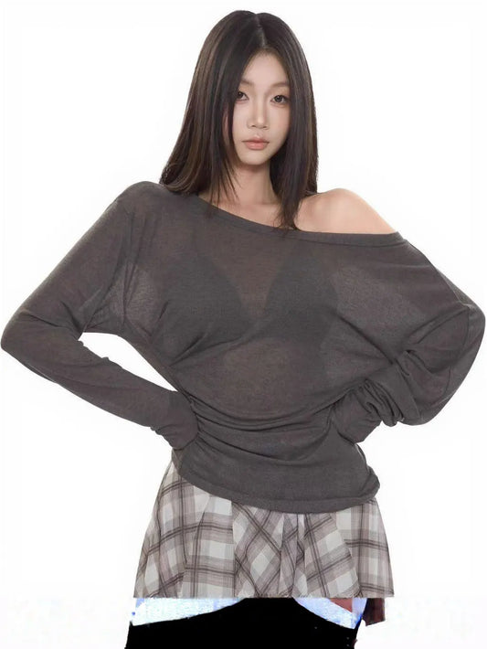 Women's Oversized Sheer Long Sleeve T-Shirt - Off Shoulder Tie Back Top - photo 6