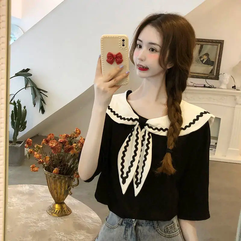 Sailor Collar T-shirts Women Baggy Kawaii Clothes Panelled Temper Designer Aesthetics Japanese Stylish Summer Vintage Футболка