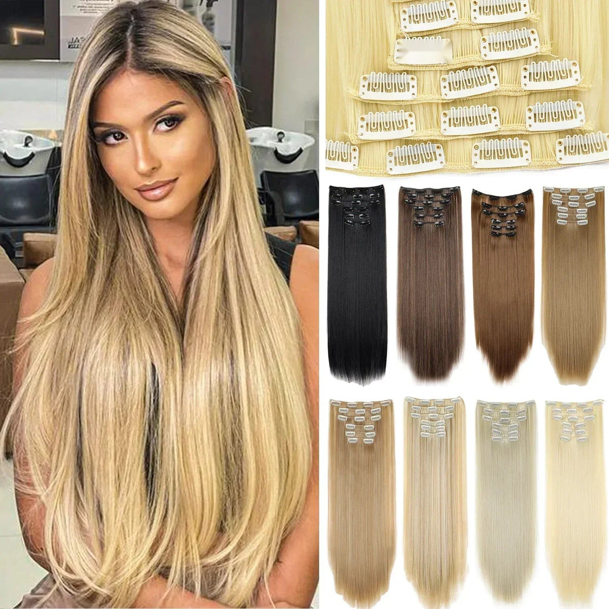 24 Inch Black Ombre Synthetic Clip In Hair Extensions 6 Pcs