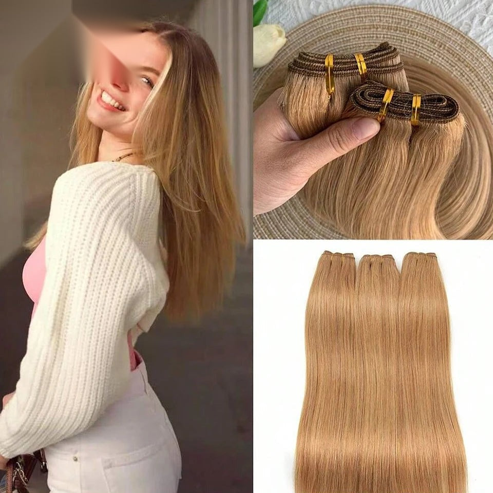 Honey Blonde Straight Human Hair Weave Bundle - Double Drawn