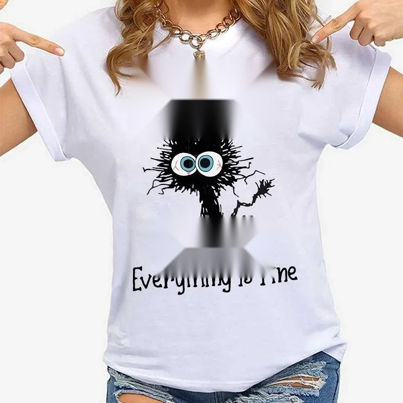 Cat Print Slogan T-Shirt for Women - Casual Summer Tee