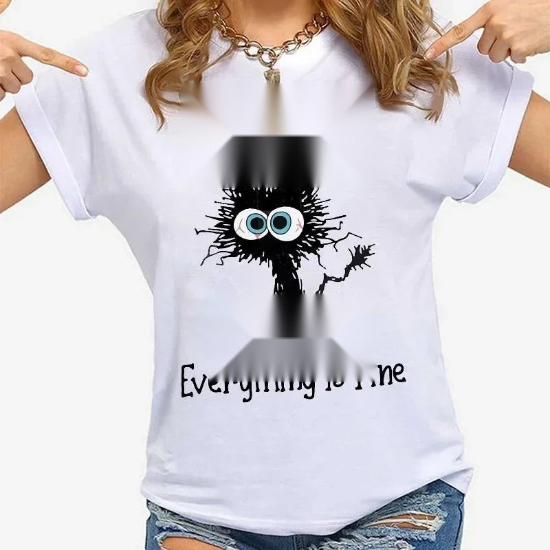 Cat Print Slogan T-Shirt for Women - Casual Summer Tee