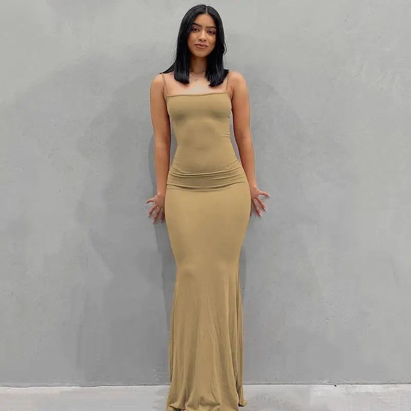 Women's Satin Slip Maxi Dress — Backless Bodycon Party Dress