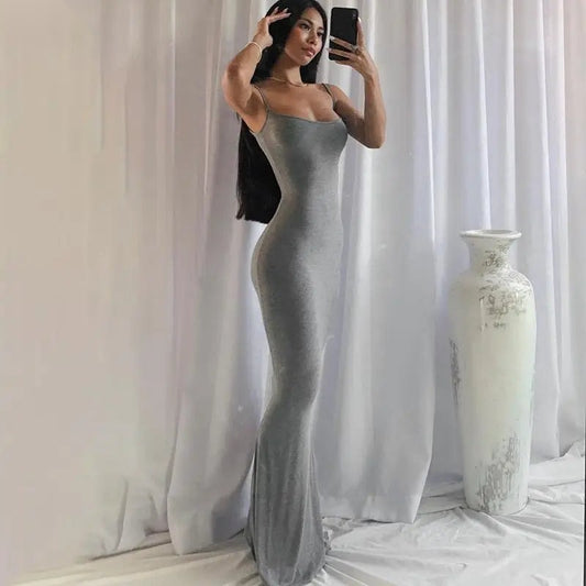 Women's Satin Slip Maxi Dress — Backless Bodycon Party Dress