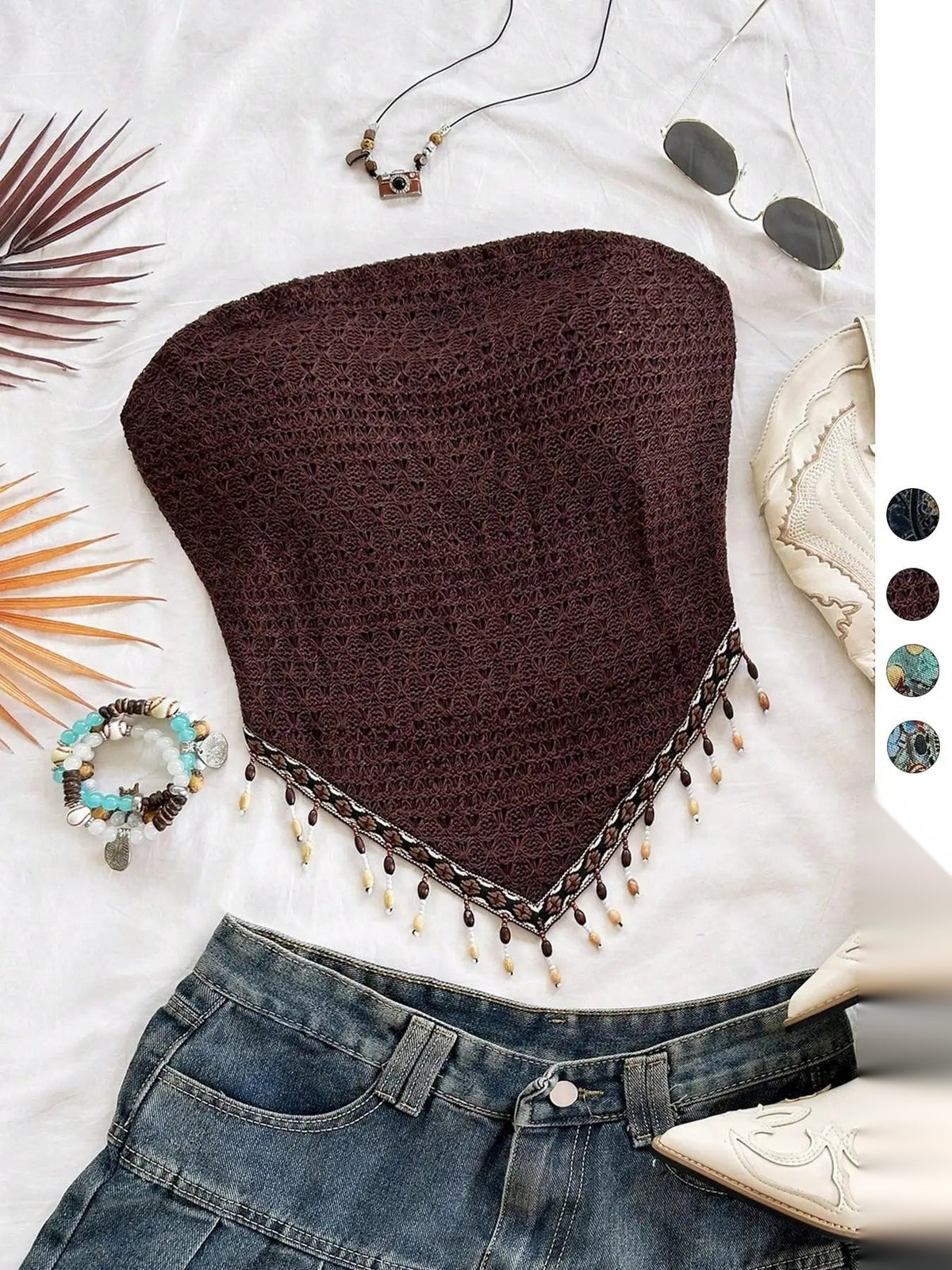 Women's Beaded Fringe Tube Top — Printed Mesh Knit