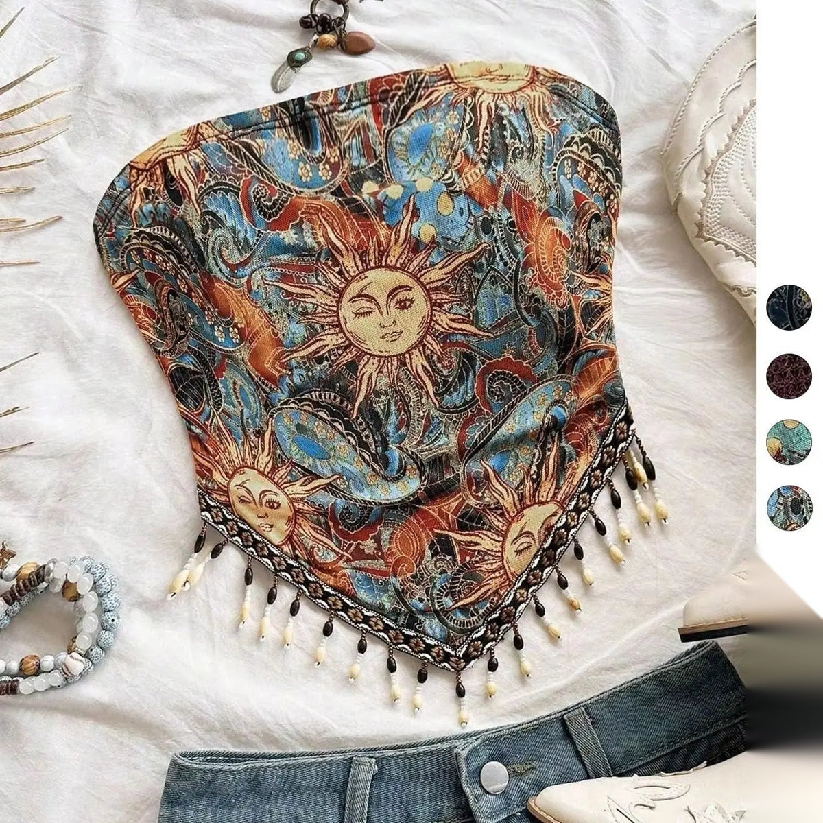 Women's Beaded Fringe Tube Top — Printed Mesh Knit