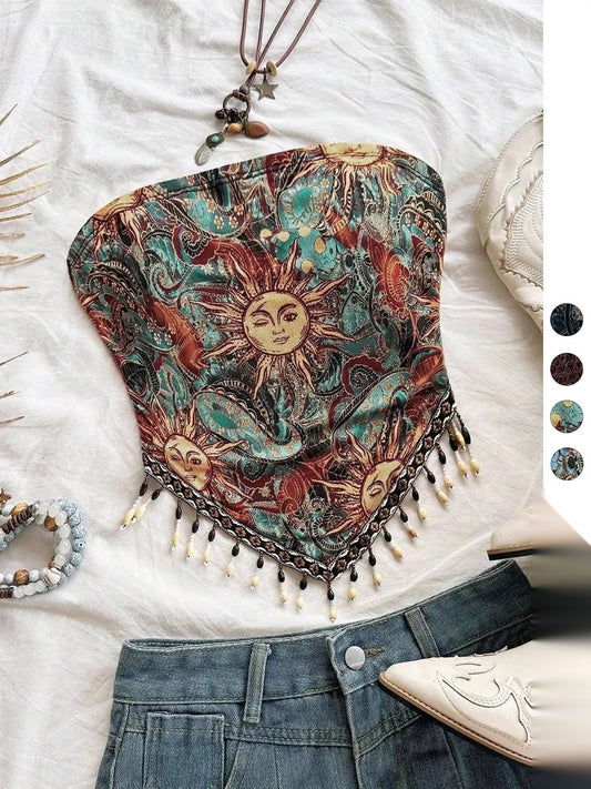 Women's Beaded Fringe Tube Top — Printed Mesh Knit