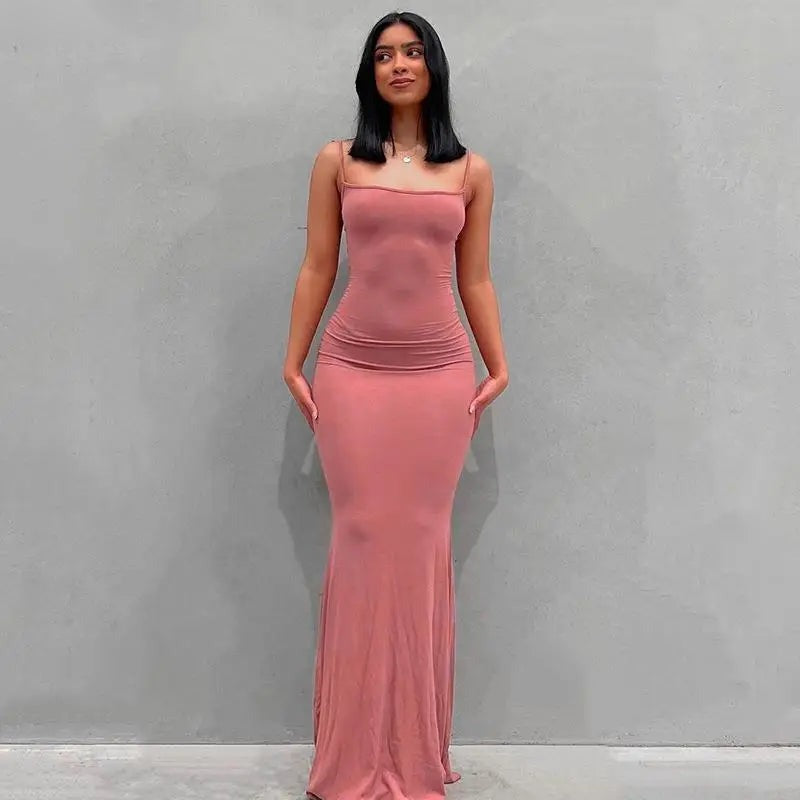 Women's Satin Slip Maxi Dress — Backless Bodycon Party Dress