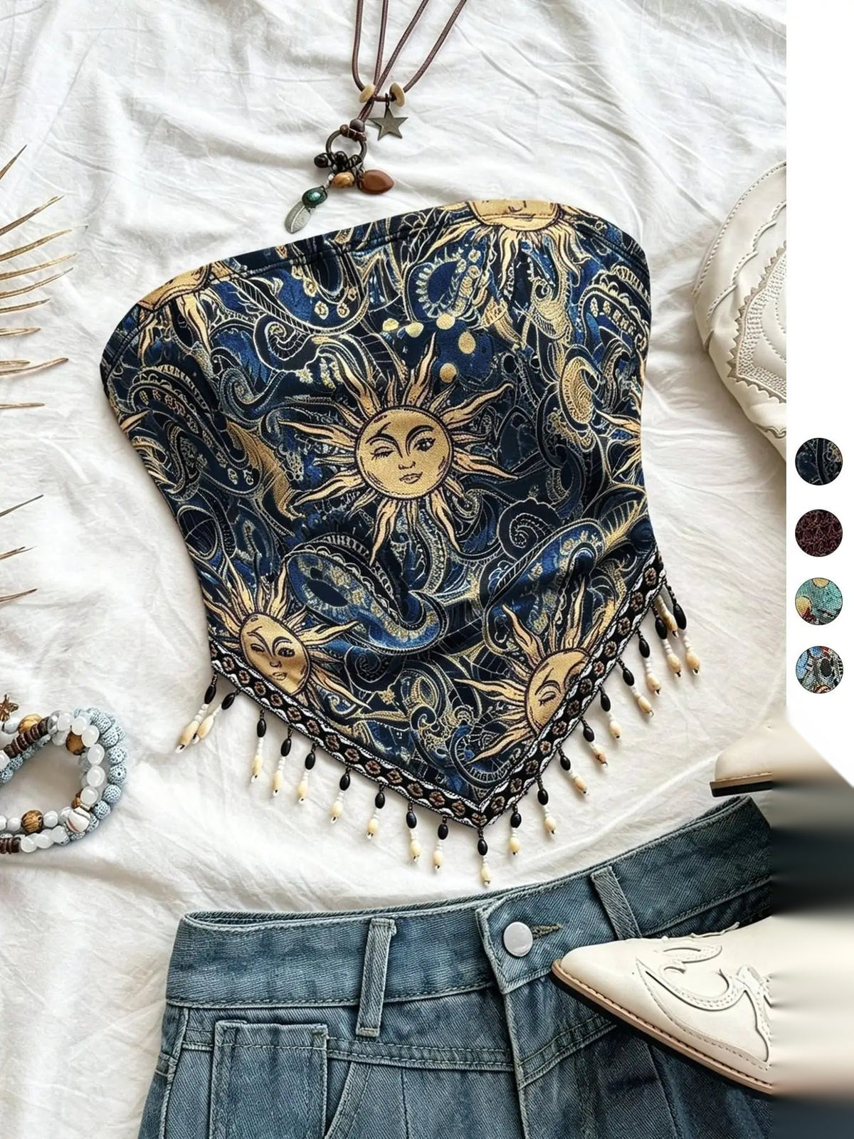 Ladies' 1pc Printed Mesh Knitted Tube Top with Triangular Hem And Beaded Fringe Trimmings