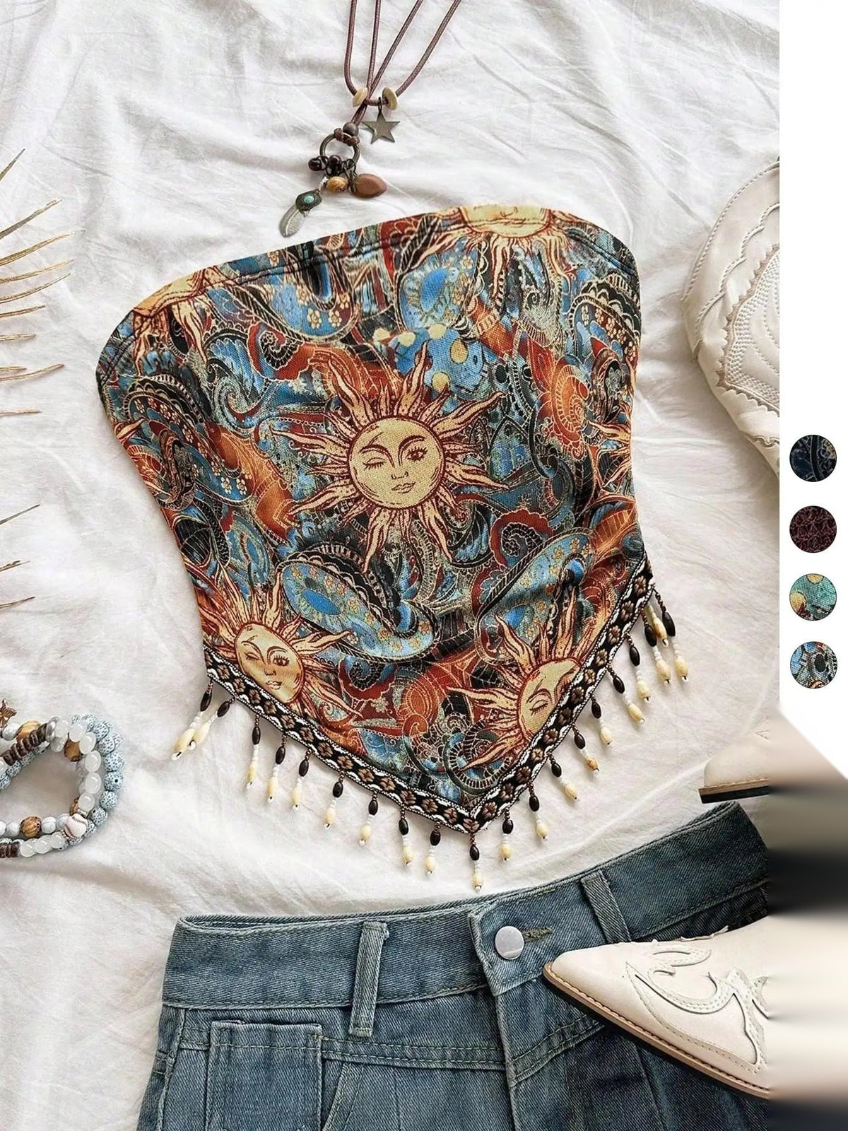Ladies' 1pc Printed Mesh Knitted Tube Top with Triangular Hem And Beaded Fringe Trimmings