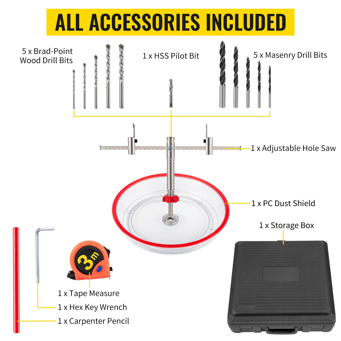 SucceBuy Adjustable Steel Hole Saw Cutter Kit 40-200mm w/ Shield Hole Cutter Drill Bit DIY Tool Sheetrock Veneer Slate