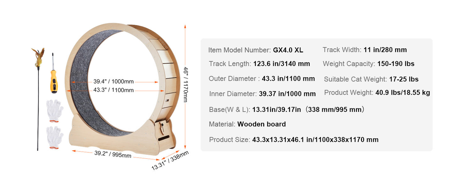 SucceBuy Wooden Cat Exercise Wheel – Large Indoor Cat Treadmill Running Wheel with Carpet & Teaser | 29–52 inch